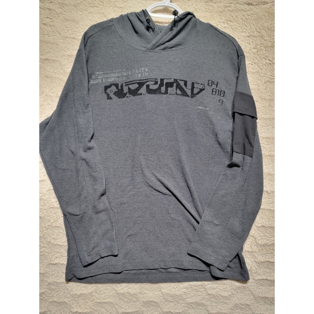 Projek Raw Mens Gray Waffle Knit Graphic Hoodie Utility Sleeve Pocket Large